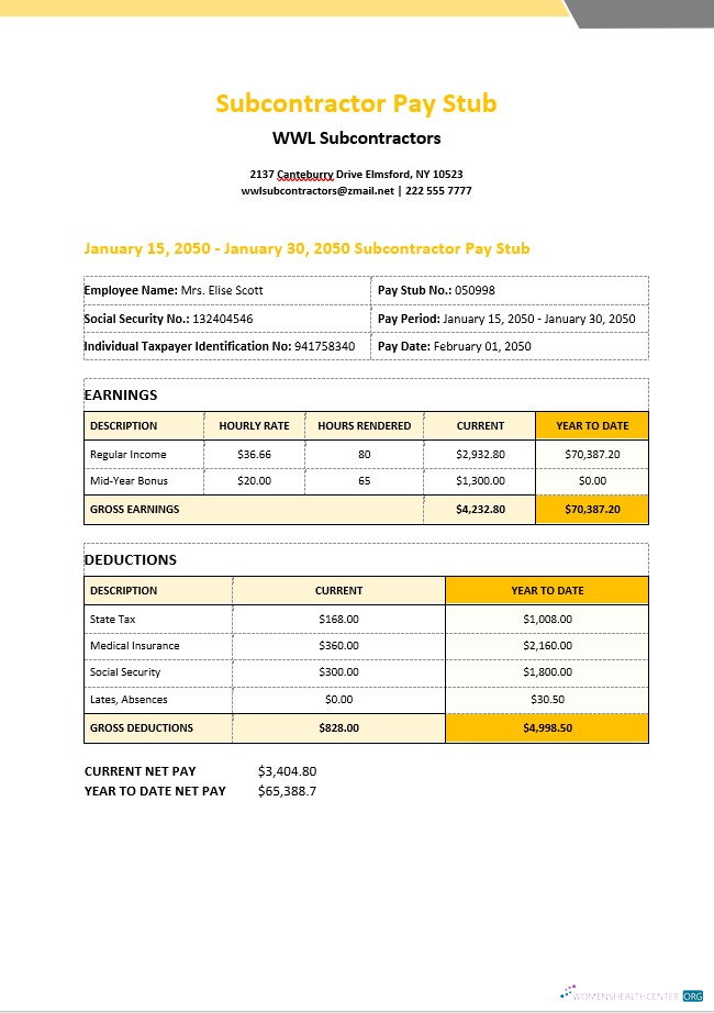 Download WWL Subcontractors pay stub in PDF and Word formats Photoshop template